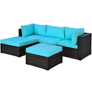 Costway - 5 Pieces Patio Rattan Sectional Conversation Ottoman Furniture Set-Blue