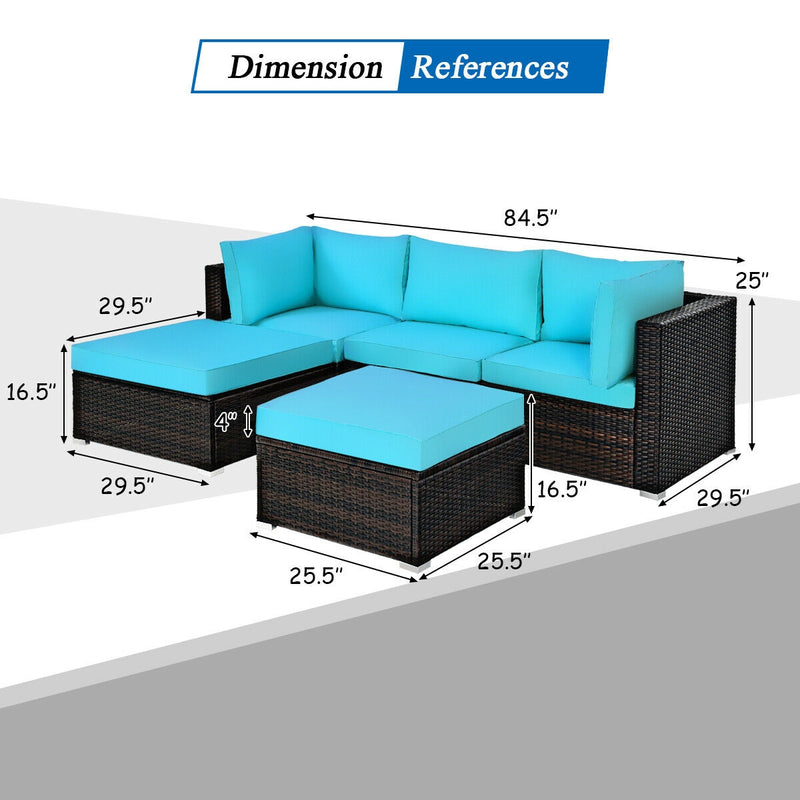 Costway - 5 Pieces Patio Rattan Sectional Conversation Ottoman Furniture Set-Blue