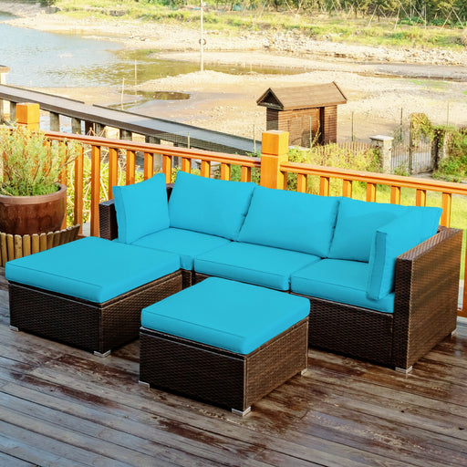 Costway - 5 Pieces Patio Rattan Sectional Conversation Ottoman Furniture Set-Blue