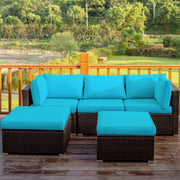 Costway - 5 Pieces Patio Rattan Sectional Conversation Ottoman Furniture Set-Blue