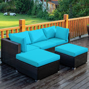 Costway - 5 Pieces Patio Rattan Sectional Conversation Ottoman Furniture Set-Blue