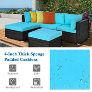 Costway - 5 Pieces Patio Rattan Sectional Conversation Ottoman Furniture Set-Blue
