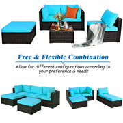 Costway - 5 Pieces Patio Rattan Sectional Conversation Ottoman Furniture Set-Blue