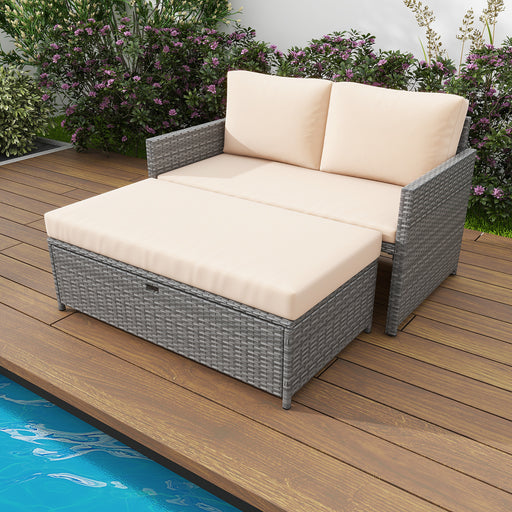 Costway - Outdoor Rattan Daybed Wicker Loveseat and 31 Gallon Storage Ottoman-Brown