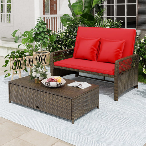 Costway - Patio Adjustable Wicker Daybed with 4-Level Backrest and Soft Cushions-Red