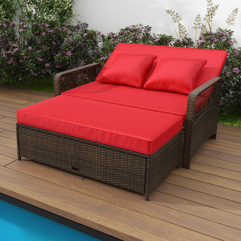 Costway - Patio Adjustable Wicker Daybed with 4-Level Backrest and Soft Cushions-Red