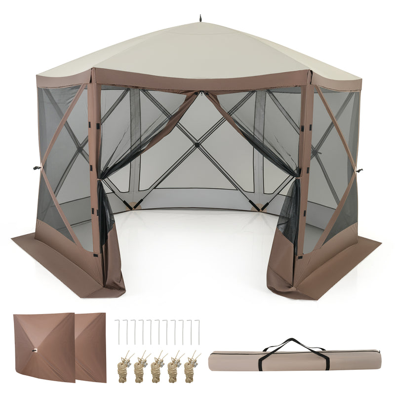 Costway - Pop-up Gazebo 6-sided Instant Setup Screen House Hub Tent with Mesh Netting Walls-Coffee
