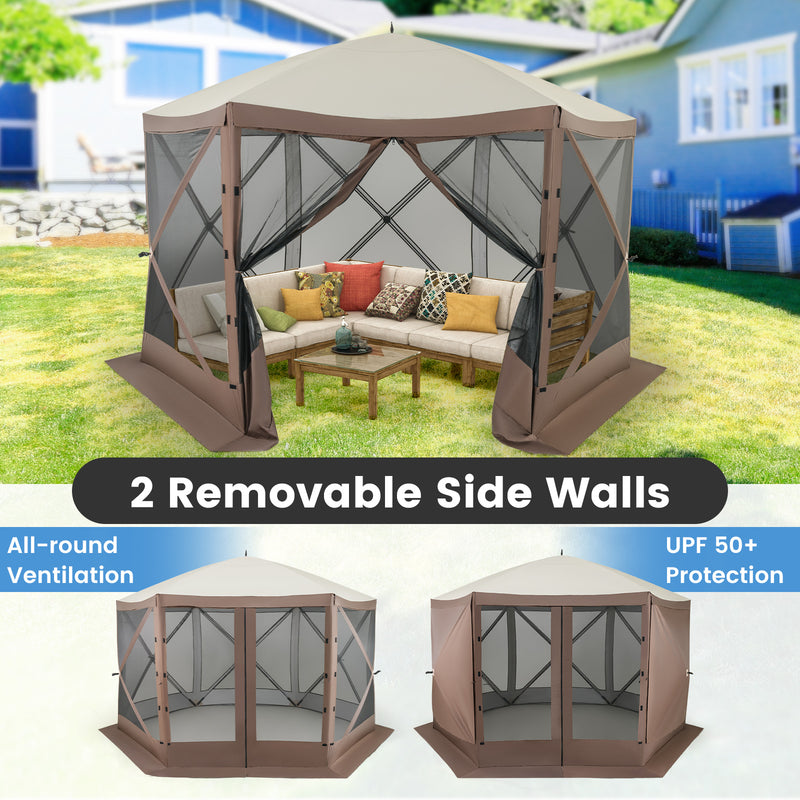 Costway - Pop-up Gazebo 6-sided Instant Setup Screen House Hub Tent with Mesh Netting Walls-Coffee