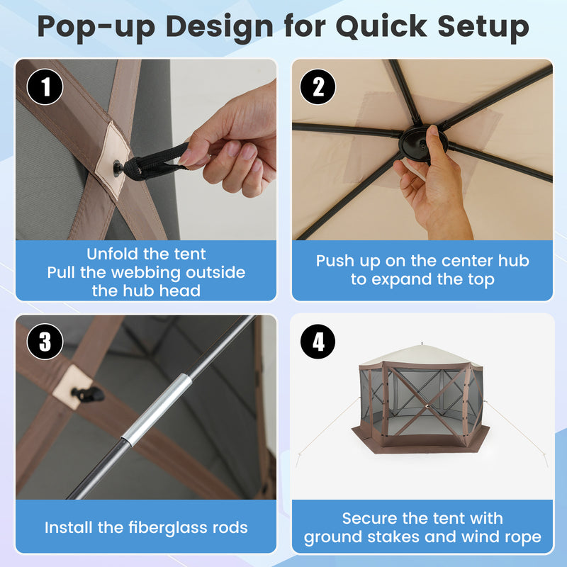 Costway - Pop-up Gazebo 6-sided Instant Setup Screen House Hub Tent with Mesh Netting Walls-Coffee