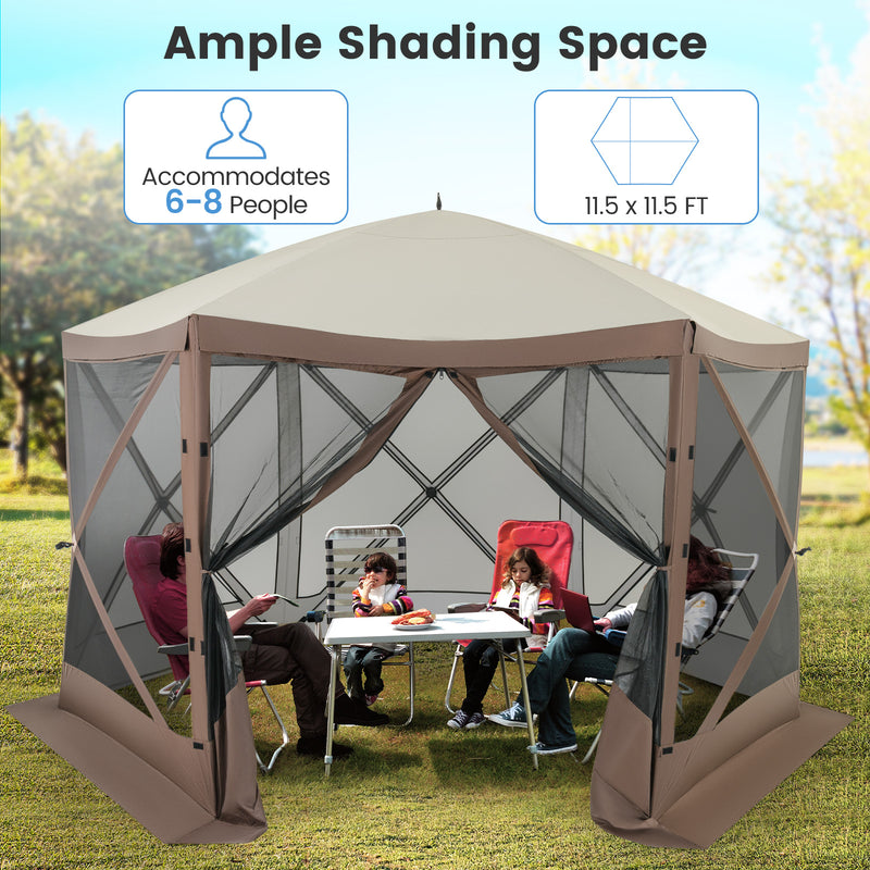 Costway - Pop-up Gazebo 6-sided Instant Setup Screen House Hub Tent with Mesh Netting Walls-Coffee