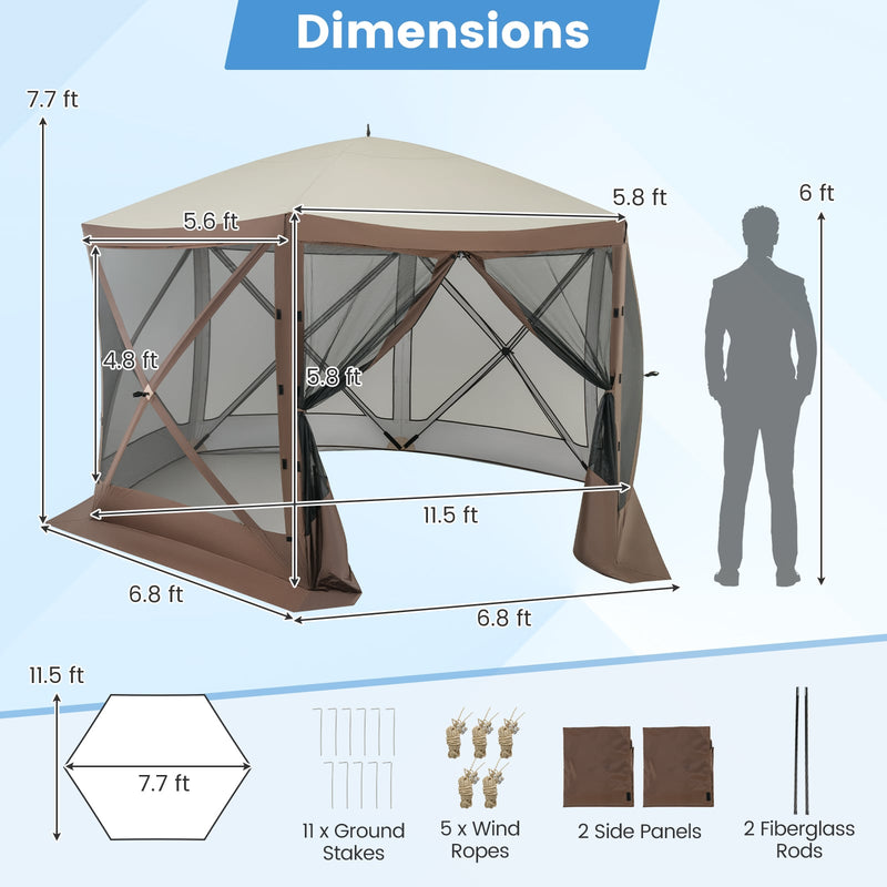 Costway - Pop-up Gazebo 6-sided Instant Setup Screen House Hub Tent with Mesh Netting Walls-Coffee