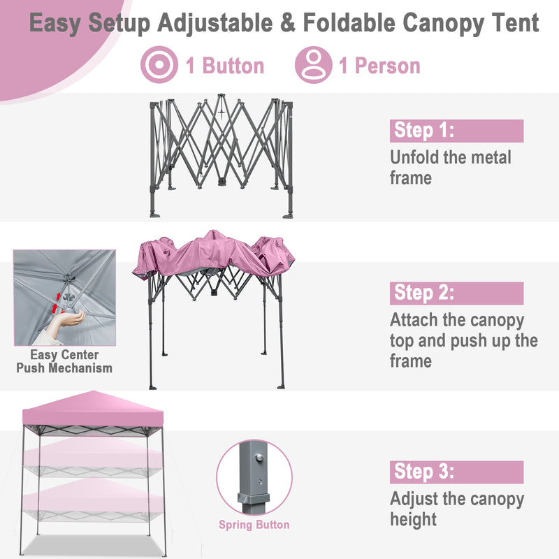 Costway - 6.6 x 6.6 Feet Outdoor Pop-up Canopy Tent with UPF 50+ Sun Protection-Pink