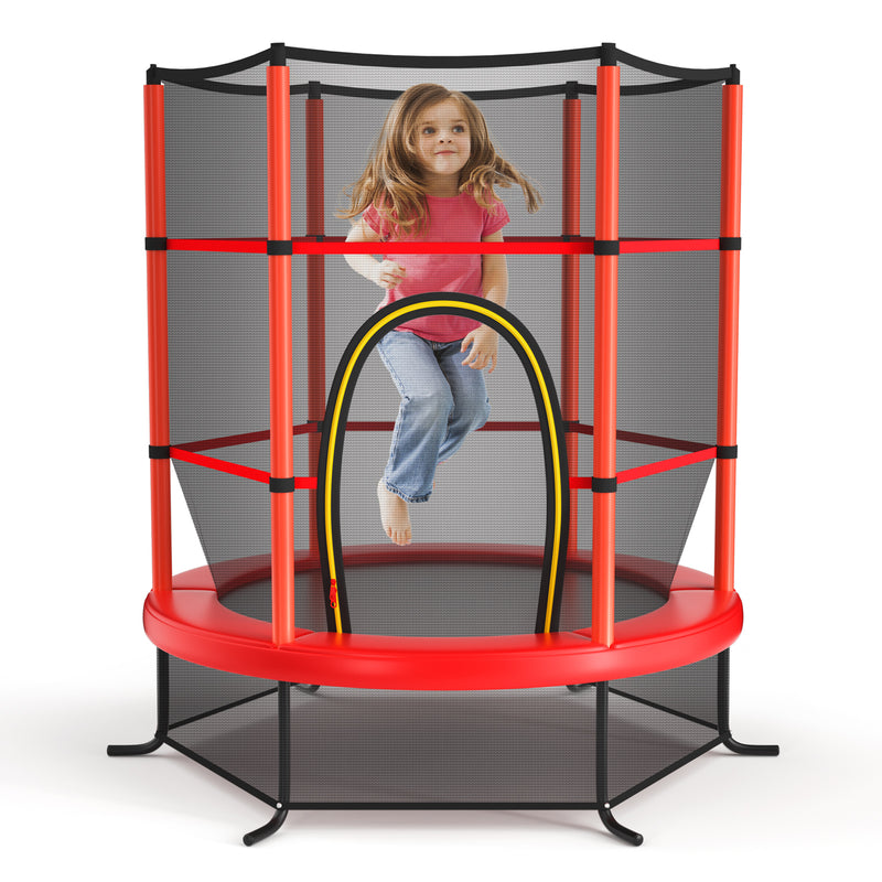 Costway - 55 Inch Kids Recreational Trampoline Bouncing Jumping Mat with Enclosure Net-Red