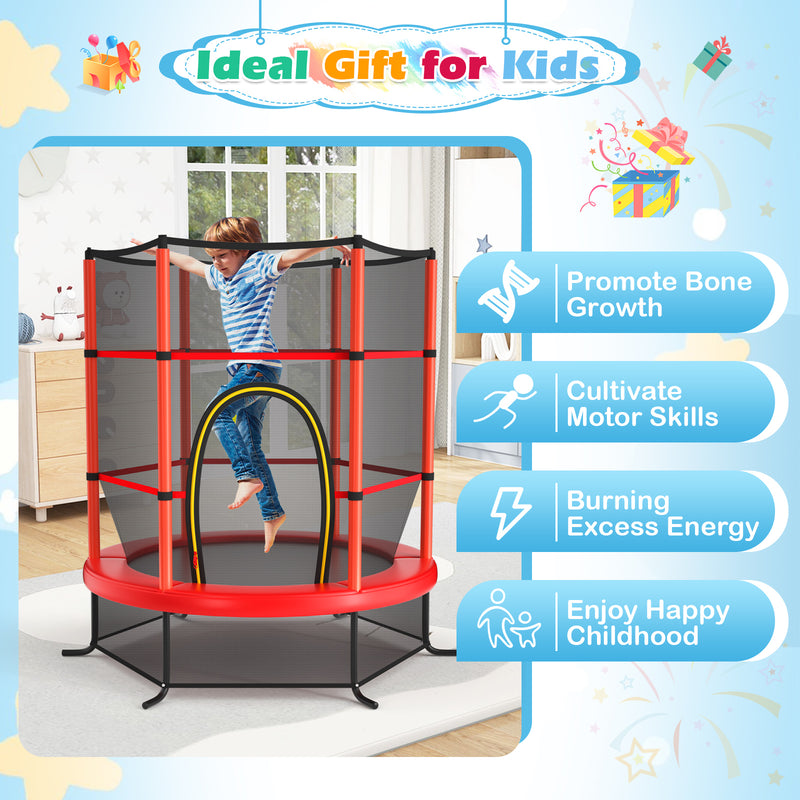Costway - 55 Inch Kids Recreational Trampoline Bouncing Jumping Mat with Enclosure Net-Red