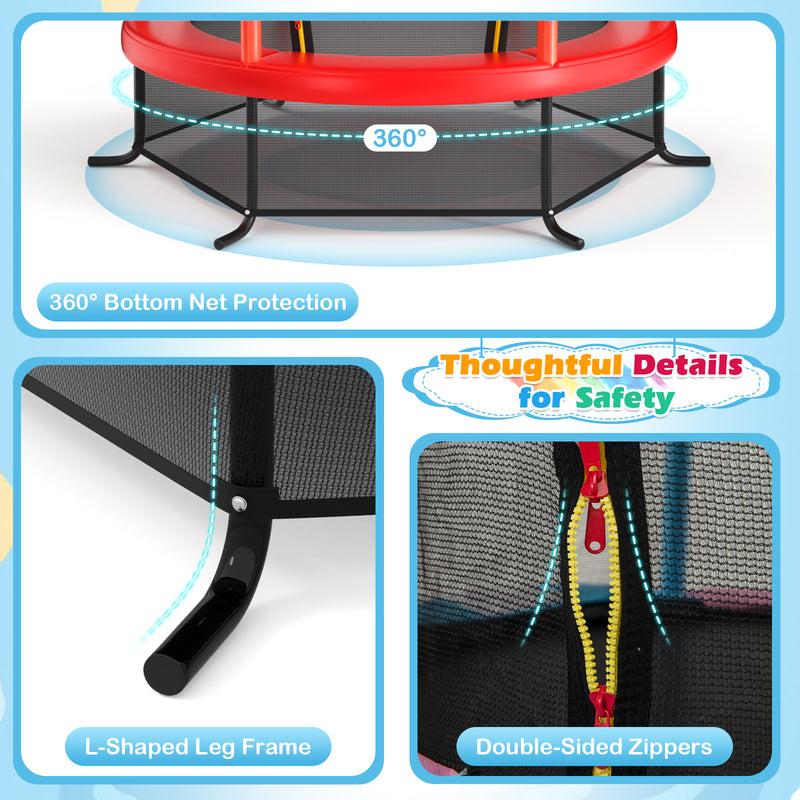 Costway - 55 Inch Kids Recreational Trampoline Bouncing Jumping Mat with Enclosure Net-Red