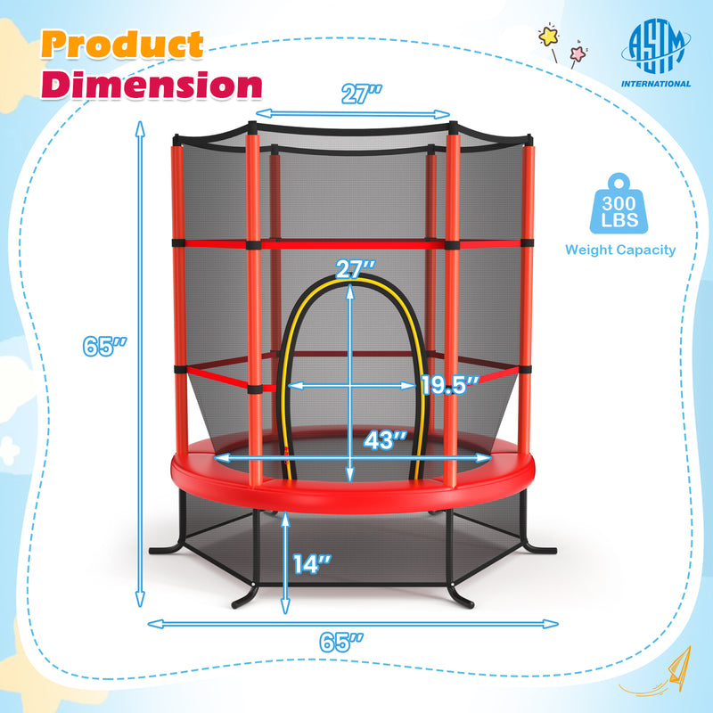 Costway - 55 Inch Kids Recreational Trampoline Bouncing Jumping Mat with Enclosure Net-Red
