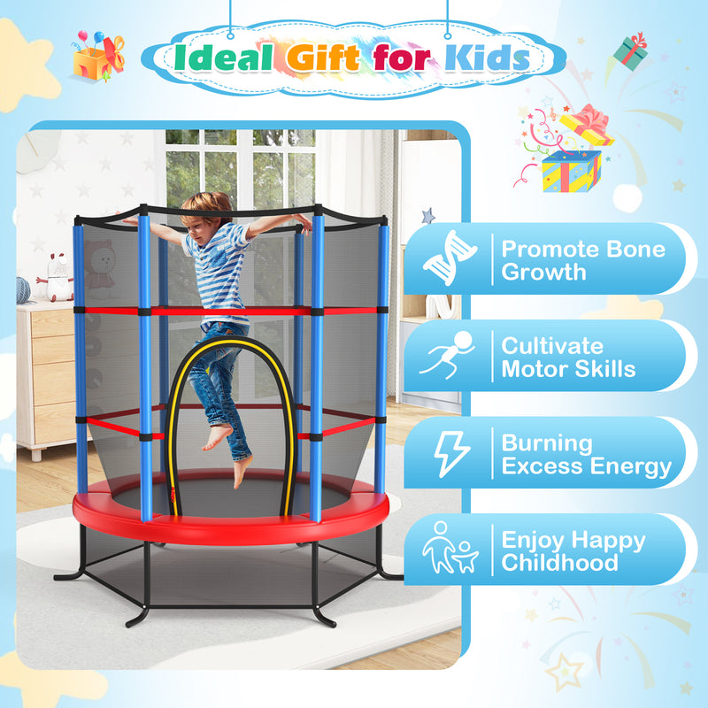 Costway - 55 Inch Kids Recreational Trampoline Bouncing Jumping Mat with Enclosure Net-Navy