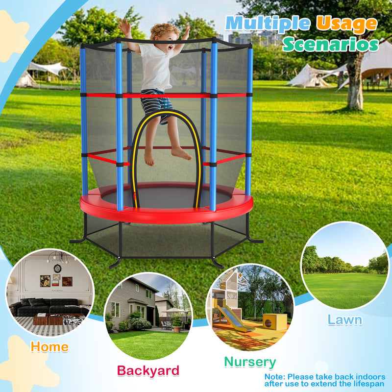 Costway - 55 Inch Kids Recreational Trampoline Bouncing Jumping Mat with Enclosure Net-Navy