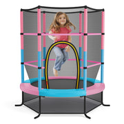 Costway - 55 Inch Kids Recreational Trampoline Bouncing Jumping Mat with Enclosure Net-Pink