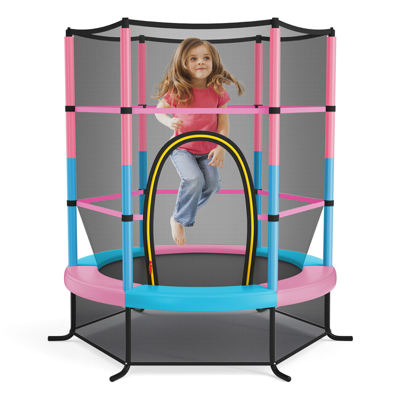 Costway - 55 Inch Kids Recreational Trampoline Bouncing Jumping Mat with Enclosure Net-Pink