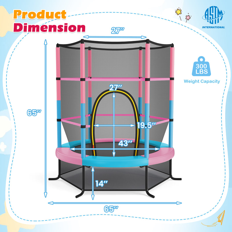 Costway - 55 Inch Kids Recreational Trampoline Bouncing Jumping Mat with Enclosure Net-Pink
