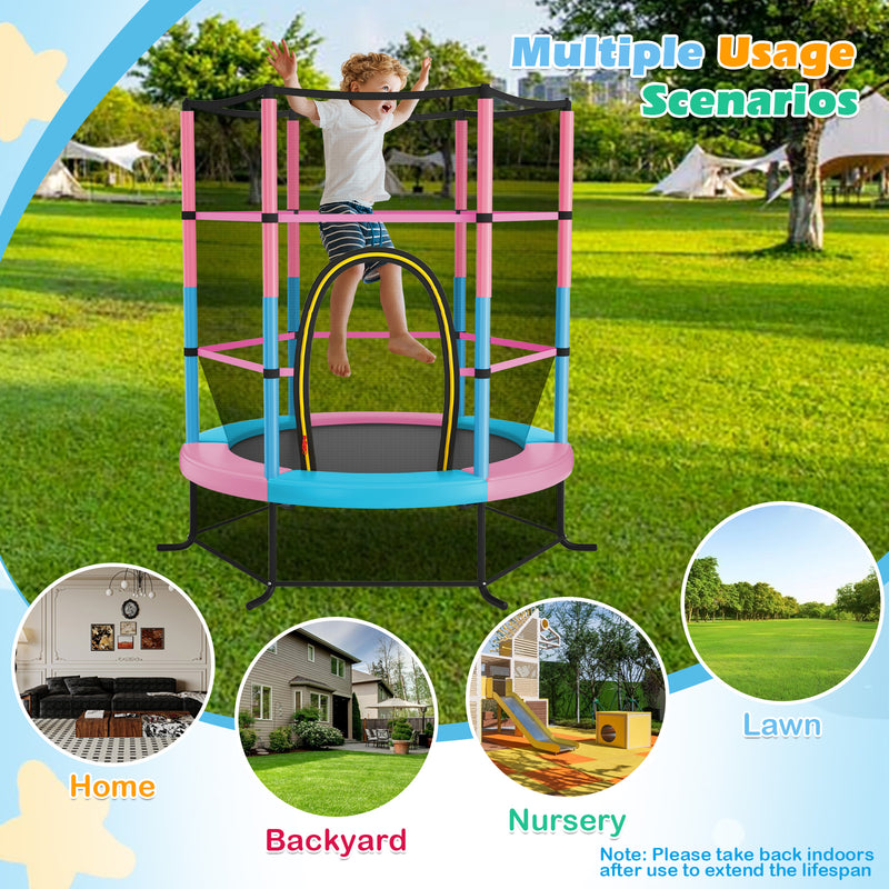 Costway - 55 Inch Kids Recreational Trampoline Bouncing Jumping Mat with Enclosure Net-Pink