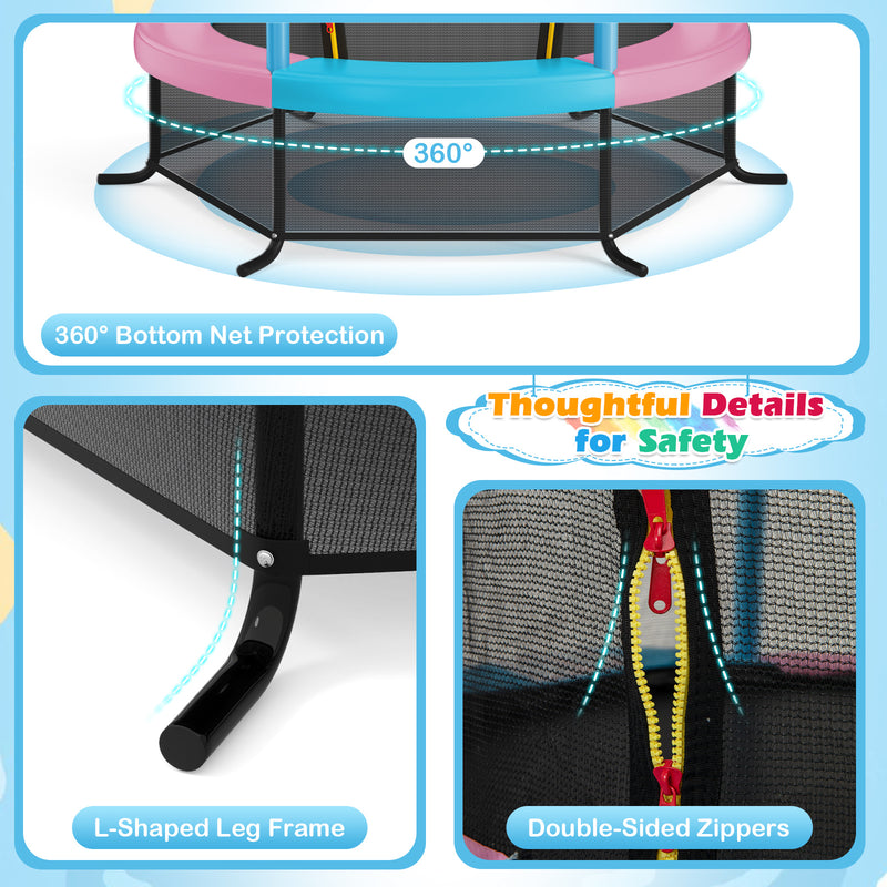 Costway - 55 Inch Kids Recreational Trampoline Bouncing Jumping Mat with Enclosure Net-Pink