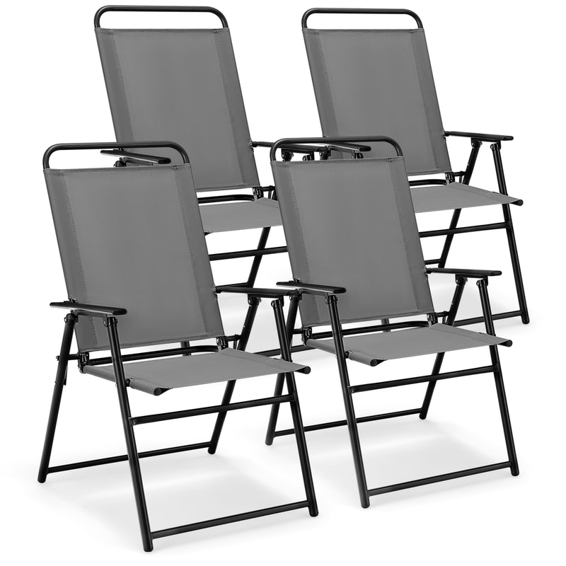 Costway - Outdoor Folding Sling Chairs Set of 4 with Armrest and Backrest-Gray