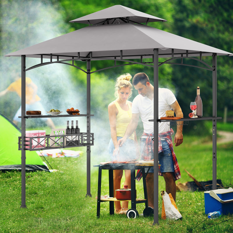 Costway - 8 x 5 Feet Outdoor Grill Gazebo with 2 Side Shelves and 10 Hooks-Gray
