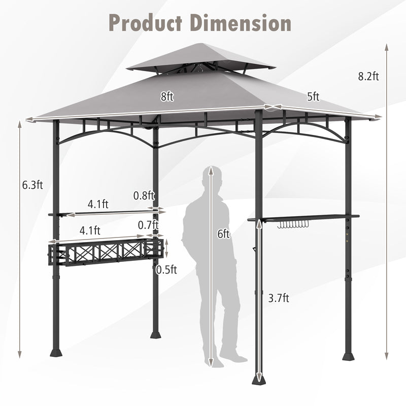 Costway - 8 x 5 Feet Outdoor Grill Gazebo with 2 Side Shelves and 10 Hooks-Gray
