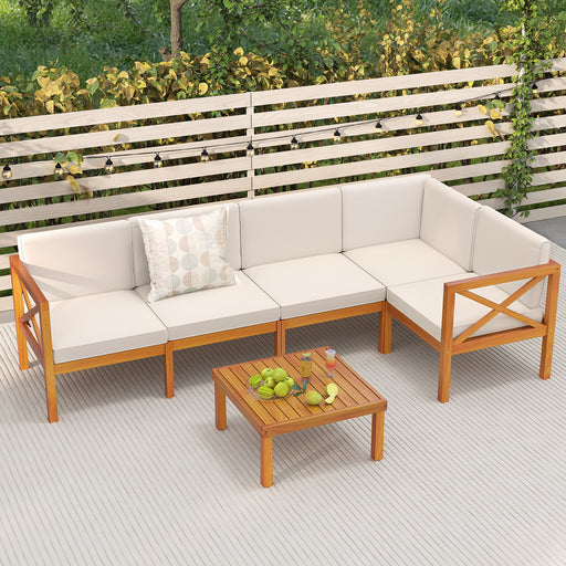 Costway - Outdoor 6 Pieces Acacia Wood Patio Sectional Furniture Set-White