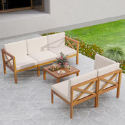 Costway - Outdoor 6 Pieces Acacia Wood Patio Sectional Furniture Set-White