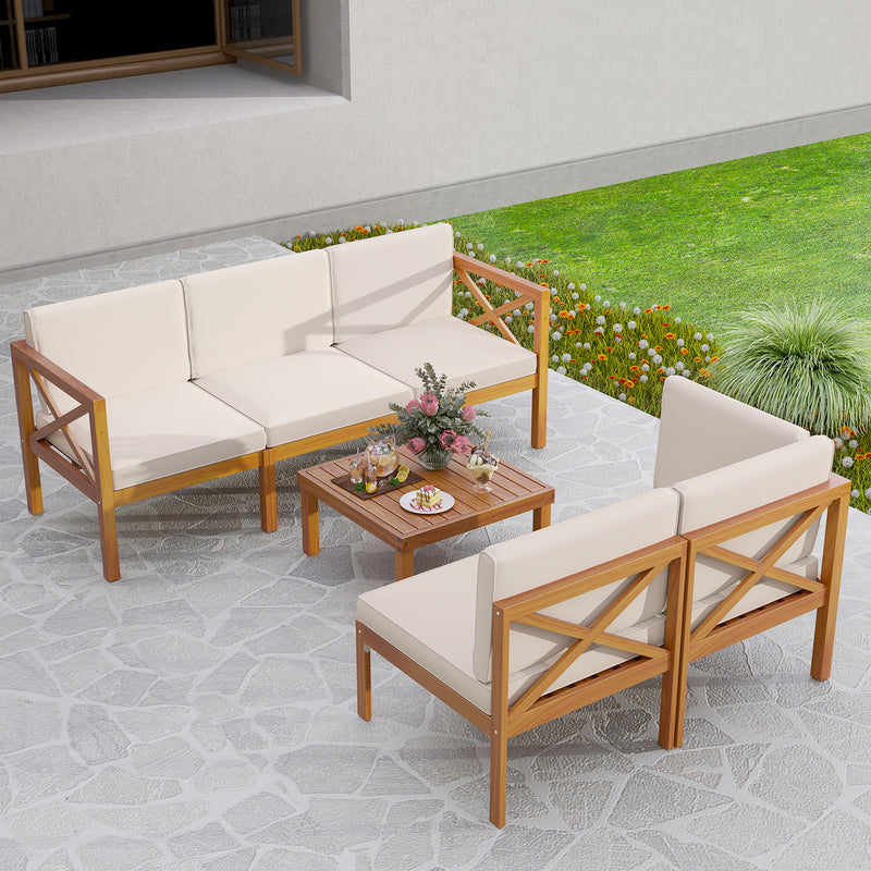 Costway - Outdoor 6 Pieces Acacia Wood Patio Sectional Furniture Set-White