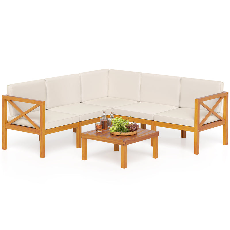 Costway - Outdoor 6 Pieces Acacia Wood Patio Sectional Furniture Set-White