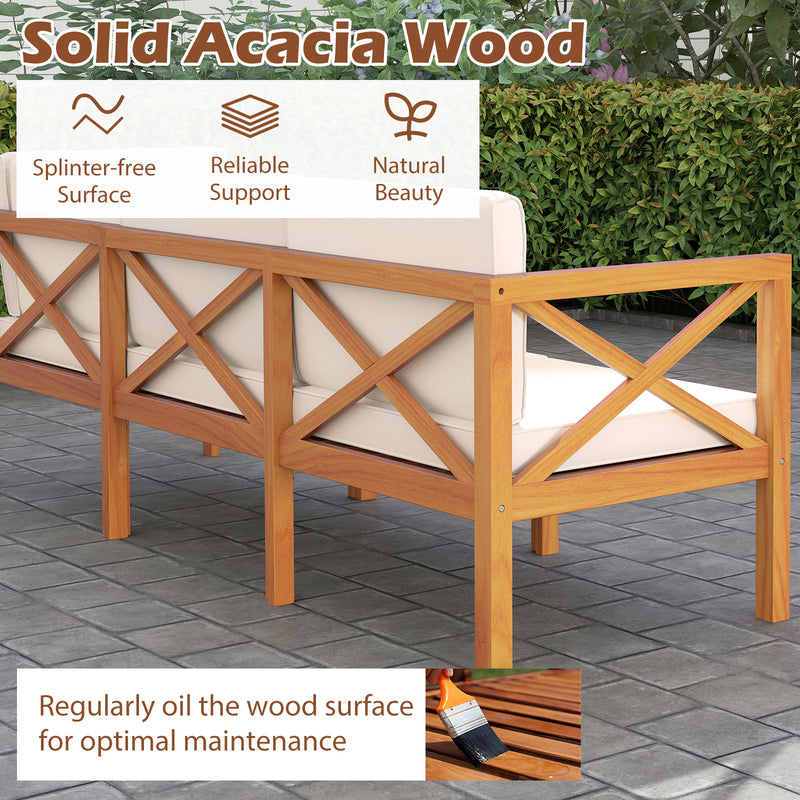Costway - Outdoor 6 Pieces Acacia Wood Patio Sectional Furniture Set-White