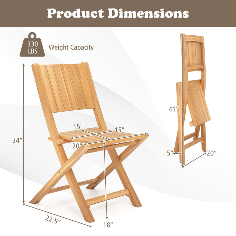 Costway - 2 Pieces Teak Wood Outdoor Dining Chairs with Slatted Sea