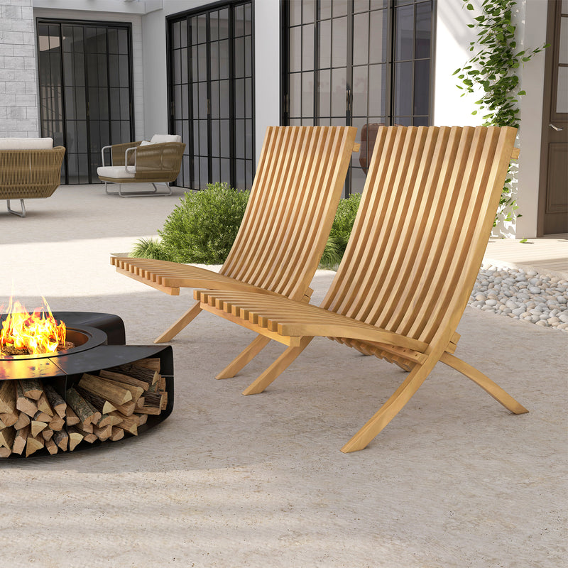 Costway - Folding Teak Wood Outdoor Lounge Chair with Slatted Seat and Backrest