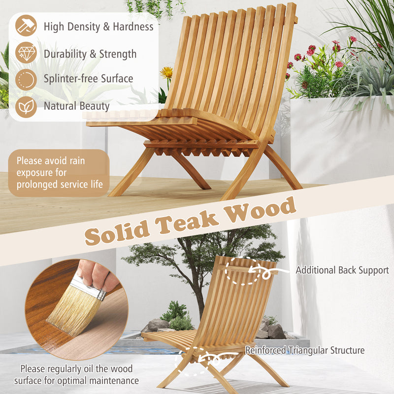 Costway - Folding Teak Wood Outdoor Lounge Chair with Slatted Seat and Backrest