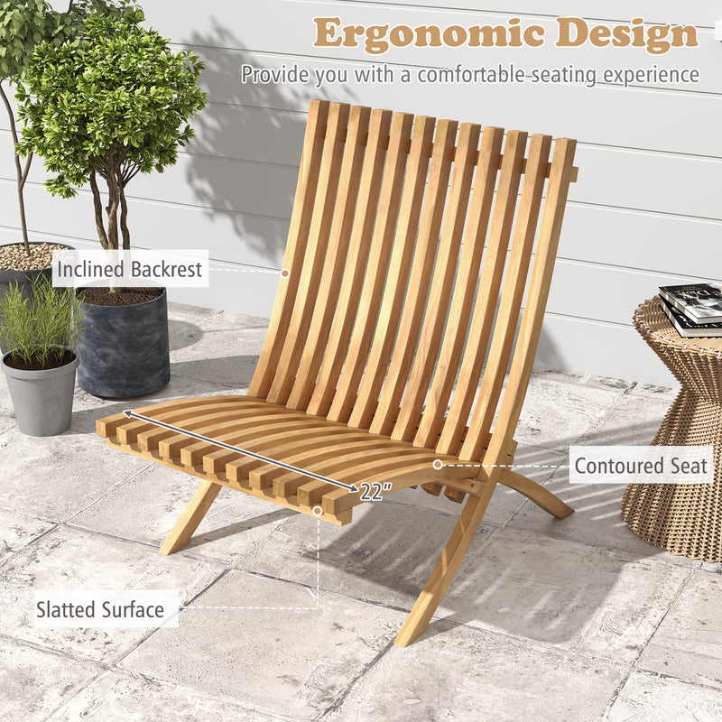 Costway - Folding Teak Wood Outdoor Lounge Chair with Slatted Seat and Backrest