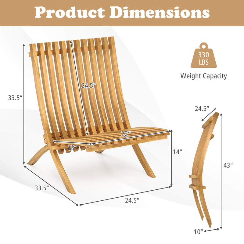Costway - Folding Teak Wood Outdoor Lounge Chair with Slatted Seat and Backrest