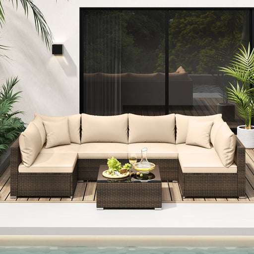 Costway - 7 Pieces Patio Rattan Furniture Set with Sectional Sofa Cushions-Beige