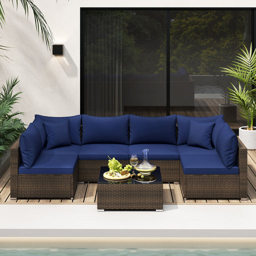 Costway - 7 Pieces Patio Rattan Furniture Set with Sectional Sofa Cushions-Navy
