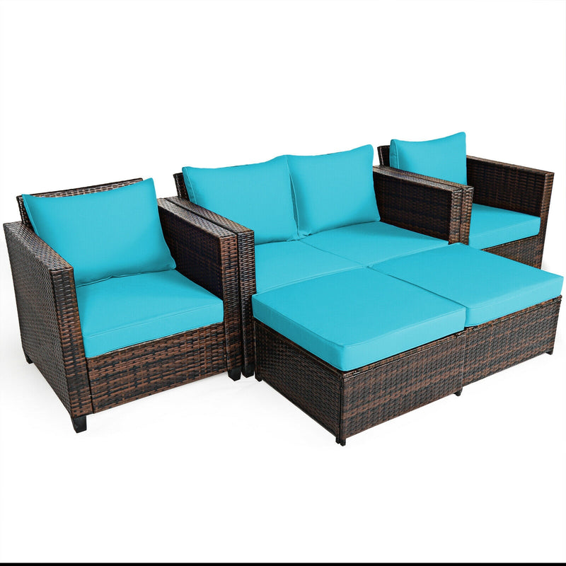 Costway - 5 Pieces Patio Cushioned Rattan Furniture Set-Turquoise