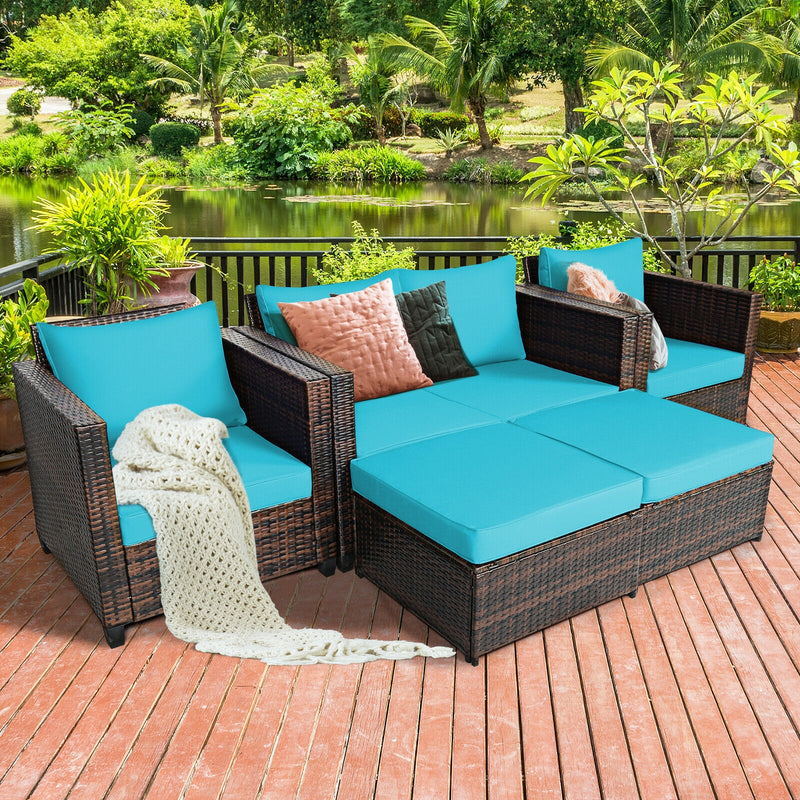 Costway - 5 Pieces Patio Cushioned Rattan Furniture Set-Turquoise