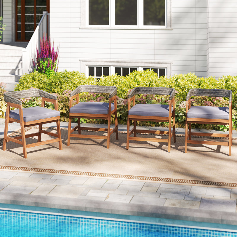 Costway - Outdoor Acacia Wood Patio Wicker Dining Chairs Set of 4 with Seat Cushion-Gray