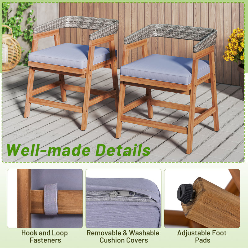 Costway - Outdoor Acacia Wood Patio Wicker Dining Chairs Set of 4 with Seat Cushion-Gray