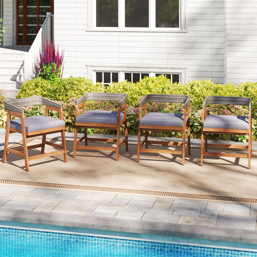 Costway - Outdoor Acacia Wood Patio Wicker Dining Chairs Set of 4 with Seat Cushion-Gray