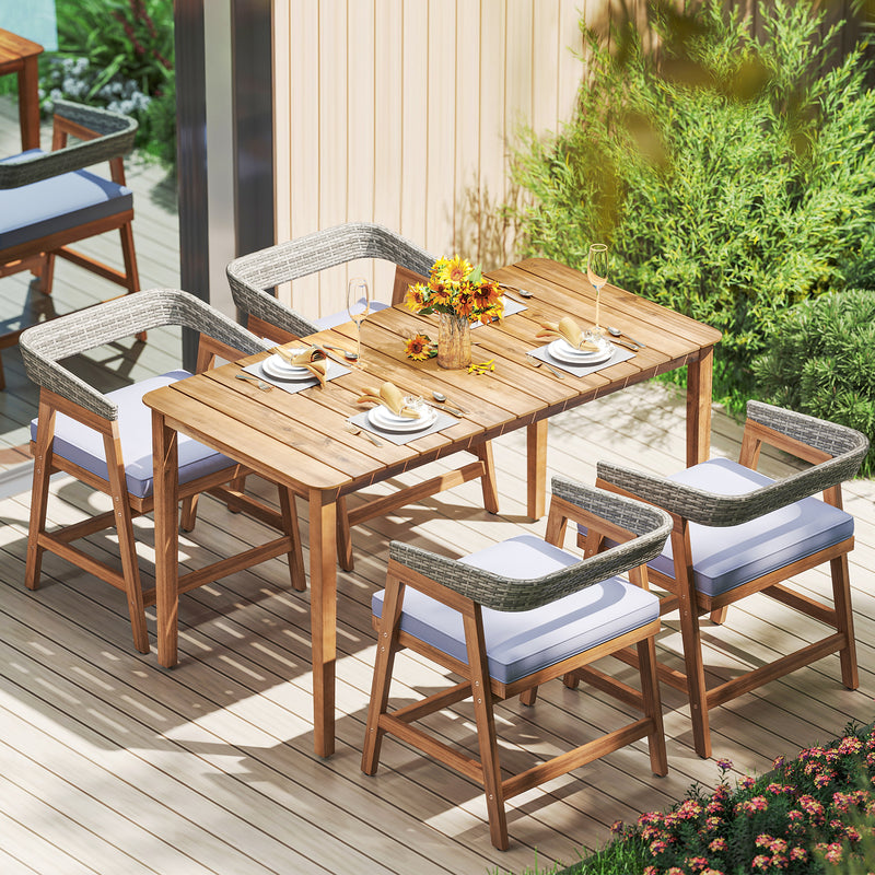 Costway - Outdoor Acacia Wood Patio Wicker Dining Chairs Set of 4 with Seat Cushion-Gray