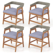 Costway - Outdoor Acacia Wood Patio Wicker Dining Chairs Set of 4 with Seat Cushion-Gray