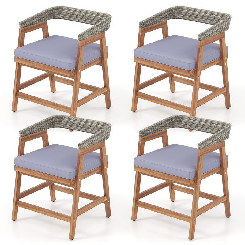 Costway - Outdoor Acacia Wood Patio Wicker Dining Chairs Set of 4 with Seat Cushion-Gray